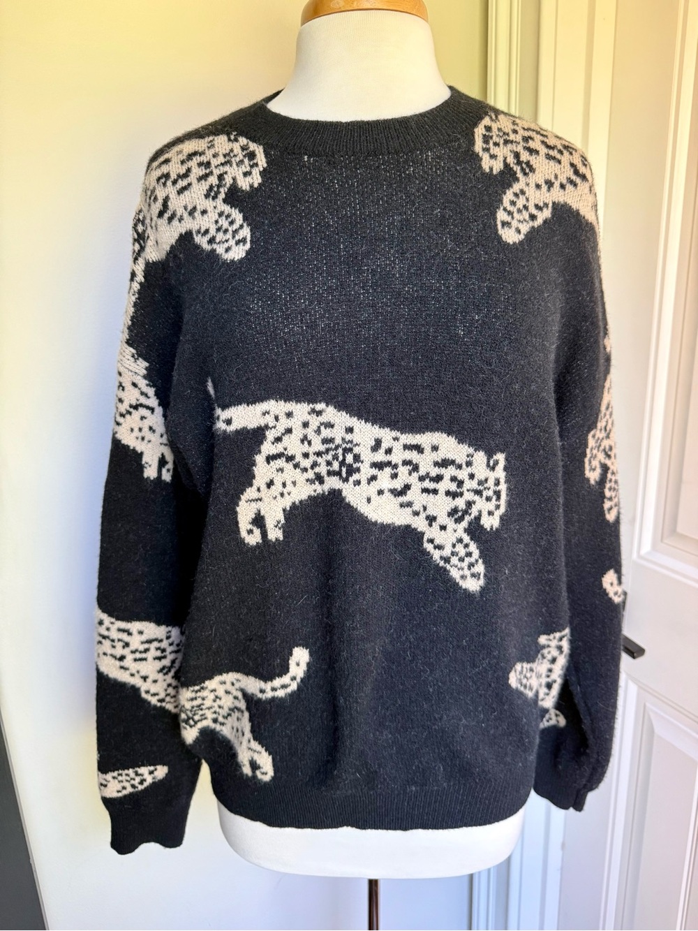 Commense Black Crewneck Sweater with Cream Leopard Motif